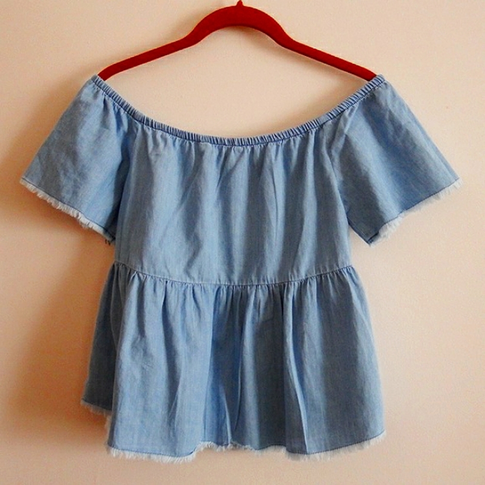 Zara Basics  Lt. Blue Denim On/Off Shoulder M
